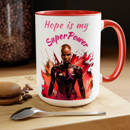 Hope is My SuperPower Two-Tone Coffee Mugs, 15oz Breast Cancer Awareness Mug Good Vibes Daily Lab 25